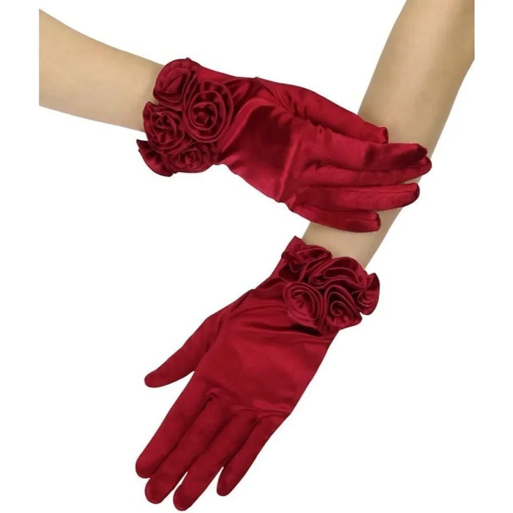 Women's Burgundy Elegant Floral Satin Short Gloves Wedding Party Accessories